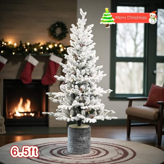 Tcbosik 6.5ft Prelit Christmas Tree with 350 Warm White LED Lights and 31 Pine Cones, Xmas Tree with 1386 Branch Tips & Pot Base, Indoor Holiday Decoration, White+Green