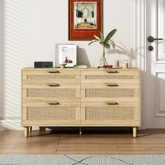Tcbosik 6-Drawer Double Dresser, Rattan Chest of Drawers for Bedroom, Living Room, Hallway, Natural