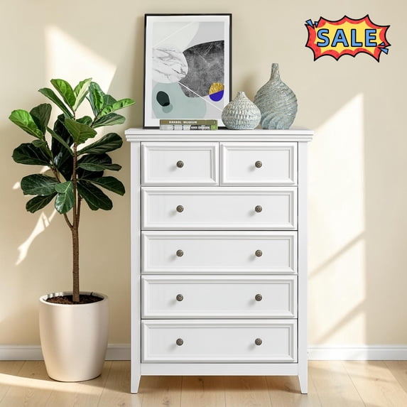 Tcbosik 6-Drawer Dresser, Modern Chest of Drawers for Closet, Bedroom, Living Room, Space Saving, White