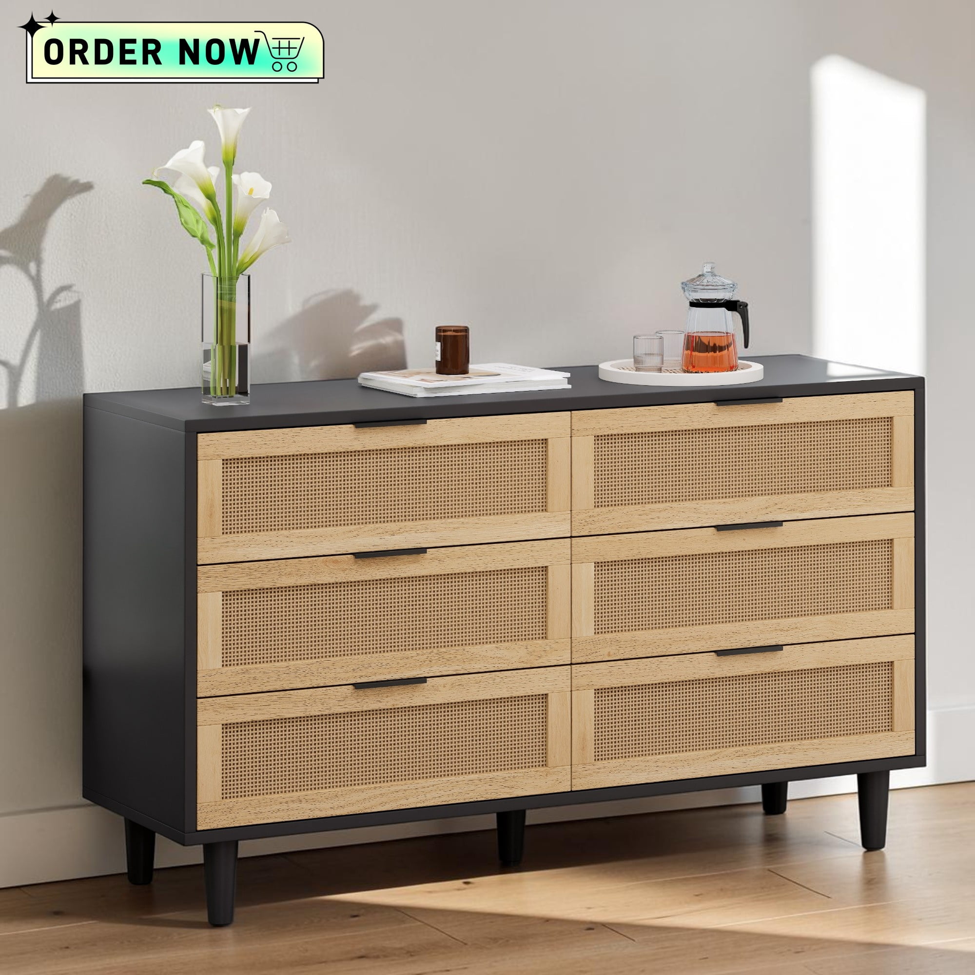 Tcbosik 6 Drawer Rattan Dresser, Modern Chest of Drawers for Bedroom ...