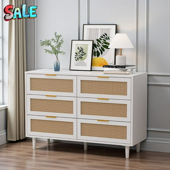 Tcbosik 6-Drawer Rattan Storage Dresser, 43.31" Wide White Chest with Anti-Tip Design, Spacious Drawers and Top Surface for Clothes, Accessories, Decor
