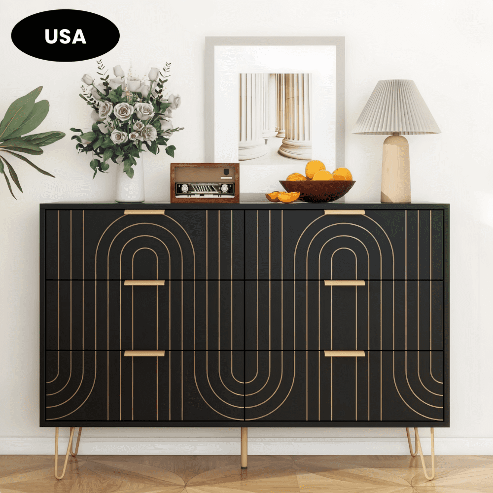 Black Modern 47" 6-Drawer Dresser with Gold Metal Handles