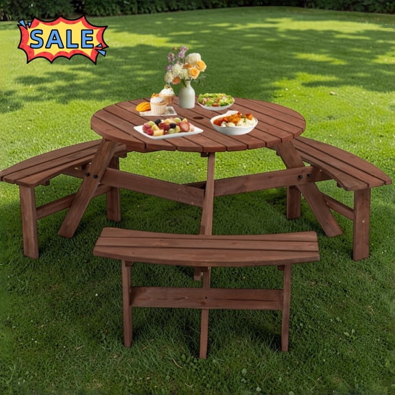 Tcbosik 6-Person Round Picnic Table Set with 3 Benches, Circular Outdoor Wood Dining Table & Chairs with Umbrella Hole for Patio Yard Garden Porch Deck, Brown