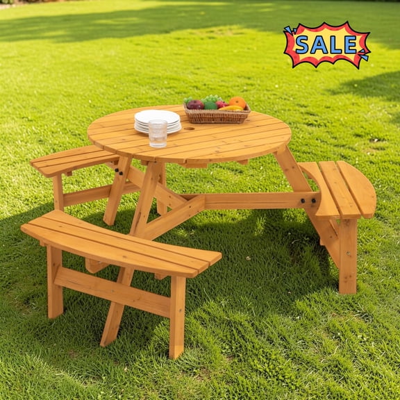Tcbosik 6 Person Wood Picnic Table Bench Set, Round Camping Table w/Umbrella Hole, Circular Outdoor Table with 3 Built-in Benches for Patio, Garden, Backyard, Porch, Natural