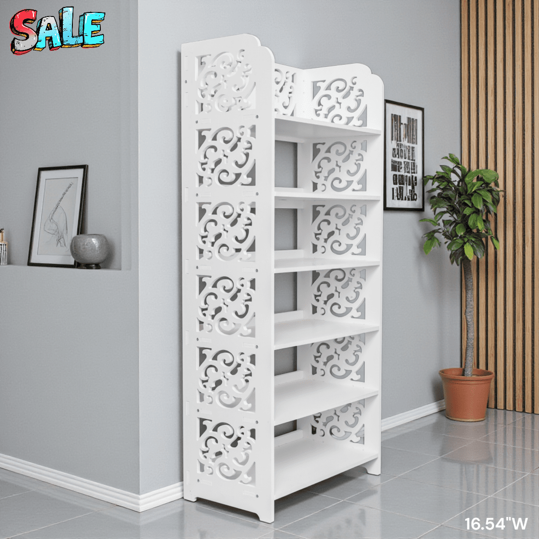 Tcbosik 6-Tier Carved Shoe Rack, Wood-Plastic Waterproof Storage Shelf for Shoes, Plants & Decor, 16.54"W Easy-Install Organizer for Home Entryway or Bedroom (White)