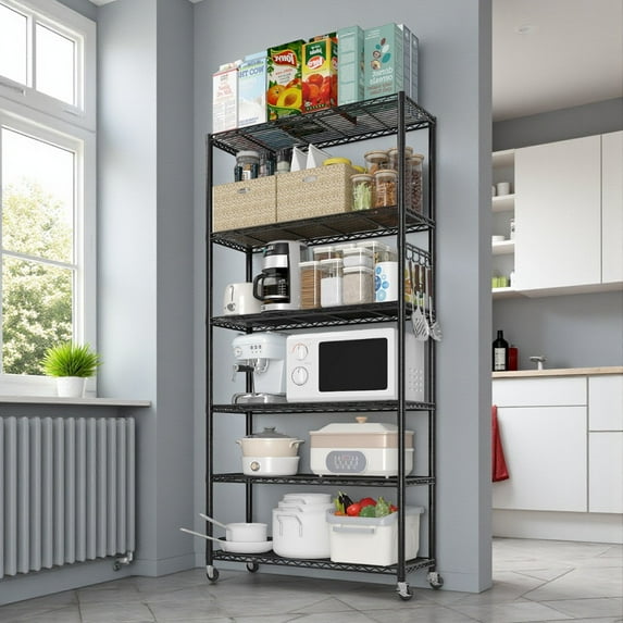 Tcbosik 6-Tier Heavy Duty Storage Rack with Wheels and Adjustable Feet, 1200 lbs Capacity Rolling Metal Wire Shelving Unit for Garage, Pantry, Kitchen, Closet, 35.43"L x 15.75"W x 72.83"H, Black