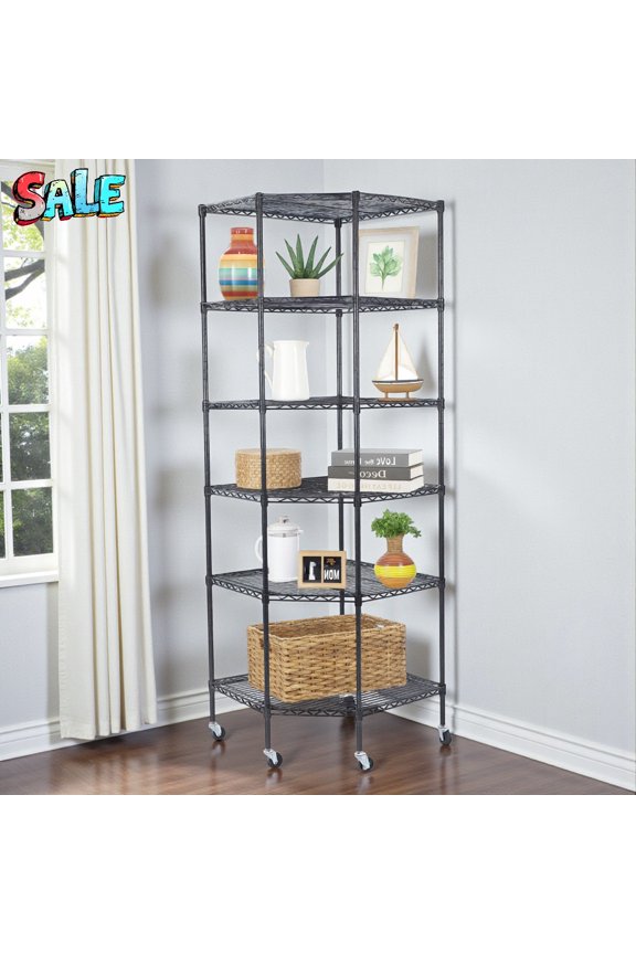 6 Tier Metal Corner Shelf, Polygonal Adjustable Wire Shelf with Wheels And PP Panels, Heavy Duty Organizer for Garage, Basement, Kitchen, Living Room, 27"W x 27"D x 71"H, Black