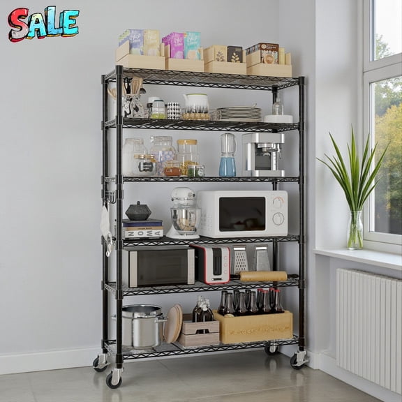 Tcbosik 6-Tier Metal Rolling Storage Rack with Wheels, Sturdy Adjustable Wire Shelving Unit for Garage, Kitchen, Pantry, 900LBS Weight Capacity, Black