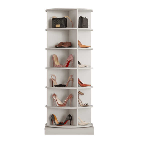 Tcbosik 6 Tier Rotating Shoe Rack, Free Standing Shoe Rack Tower, Display Shelves, Closet Organize for Handbag Shoe, Space-Saving, White