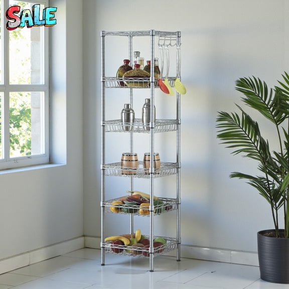 Tcbosik 6 Tier Shelf Wire Shelving Unit - Adjustable Storage Shelves Standing Narrow Metal Rack for Kitchen Pantry Closet Laundry Bathroom Organizers, 13.39" D x 13.39" W x 63" H, Silver Gray