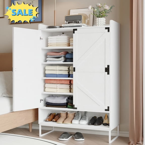 Tcbosik 6-Tier Shoe Storage Cabinet with 2 Barn Doors, Freestanding Shoe Organizer with Adjustable Shelves for Entryway, Hallway, Hallway, Easy Assembly, White