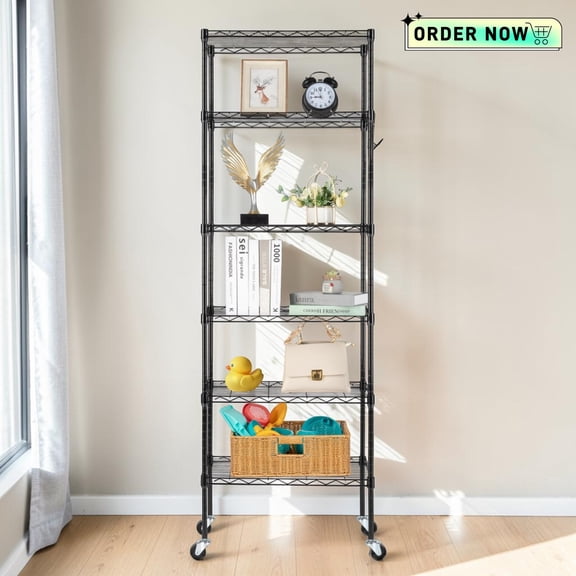 Tcbosik 6 Tier Storage Shelves with Wheels, 65" Heavy Duty Adjustable Shelving Unit, Metal Display Rack for Garage, Laundry, Black