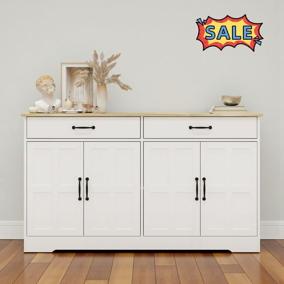 Tcbosik 60"W Sideboard Buffet Cabinet, Kitchen Storage Cabinet with 2 Drawers and 4 Doors, Coffee Bar Cabinet for Kitchen Dining Room Living Room, White