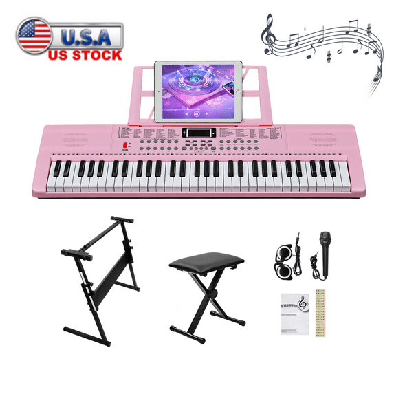 Tcbosik 61 Key Electronic Keyboard, Semi-Weighted Piano with Stand, Bench, Music Rest, Headphone, Microphone, LED Digital Display, Built In Speakers and 3 Teaching Modes, Pink