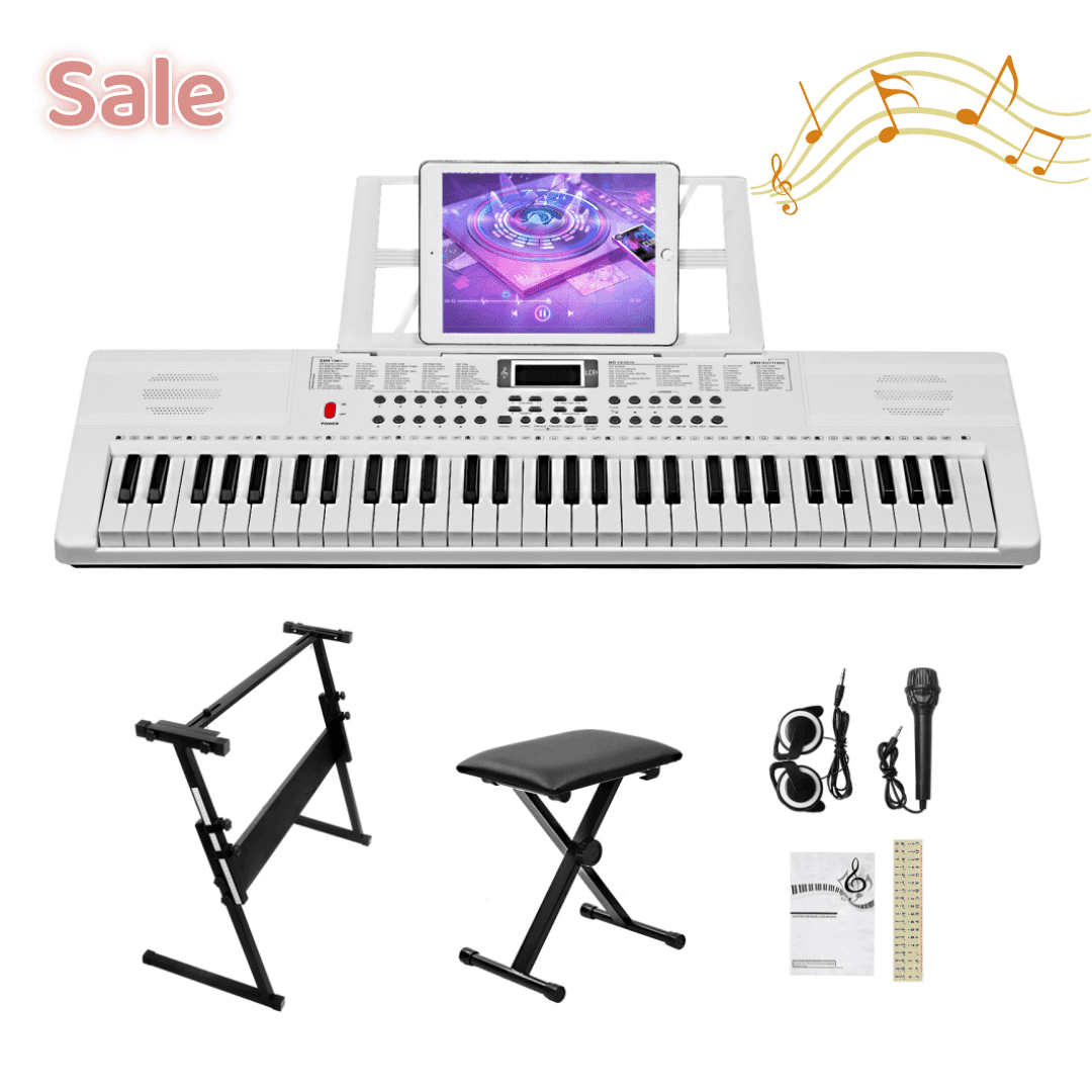 Tcbosik 61 Key Keyboard with Stand, Bench and Music Rest, Piano Beginner Set with Built-In Speakers, Headphone, Microphone, Music Rest, LED Screen and 3 Teaching Modes, White