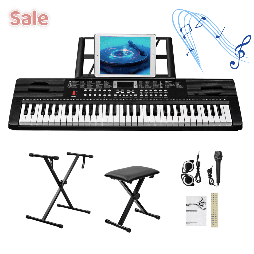 Tcbosik 61 Key Keyboard with Stand, Bench and Music Rest, Piano with Built-In Speakers, Headphone, Microphone, LED Screen and 3 Teaching Modes for Beginners, Black