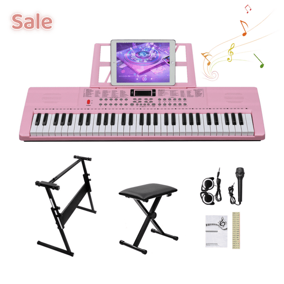 Tcbosik 61 Key Portable Keyboard with Stand, Bench and Music Rest, Piano Set with LED Screen, Built-In Speakers, Headphone, Microphone and 3 Teaching Modes for Beginners, Pink