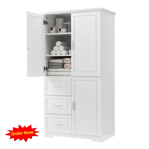 Tcbosik 62.2" Kitchen Pantry Cupboard Cabinet, Freestanding Storage Cabinet with Doors and Drawers, Buffet Sideboard with Adjustable Shelves for Bathroom, Living Room, White