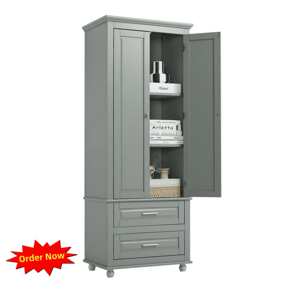 Tcbosik 62.5" Tall Bathroom Cabinet with Adjustable Shelf, Narrow Storage Unit with 2 Drawers and 2 Doors, Floor Cupboard for Kitchen, Entryway, Living Room, Grey