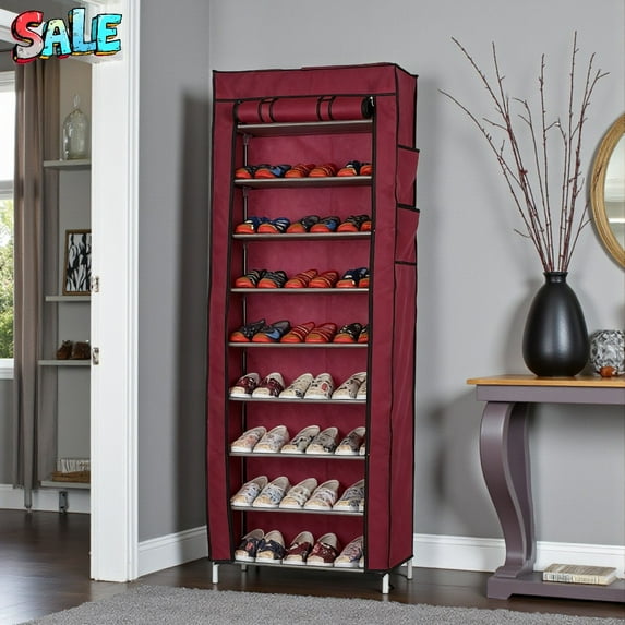 Tcbosik 62.99" Tall Non-Woven Fabric Covered Shoe Rack with Metal Frame, 10-Tier Slim Space-Saving Shoe Shoe Organizer Shelf for Small Rooms, Closets & Entryways (Wine Red)