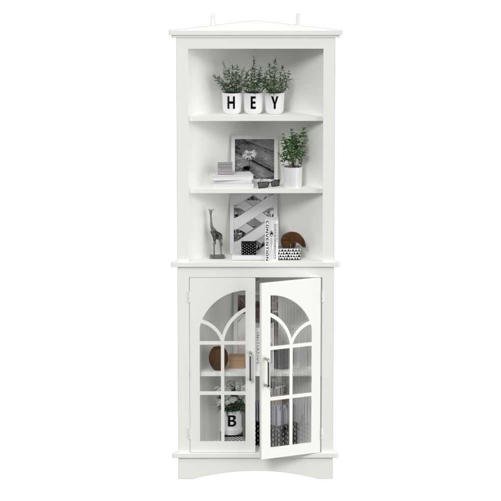 White MDF Corner Accent Cabinet with Adjustable Shelves and Glass Doors