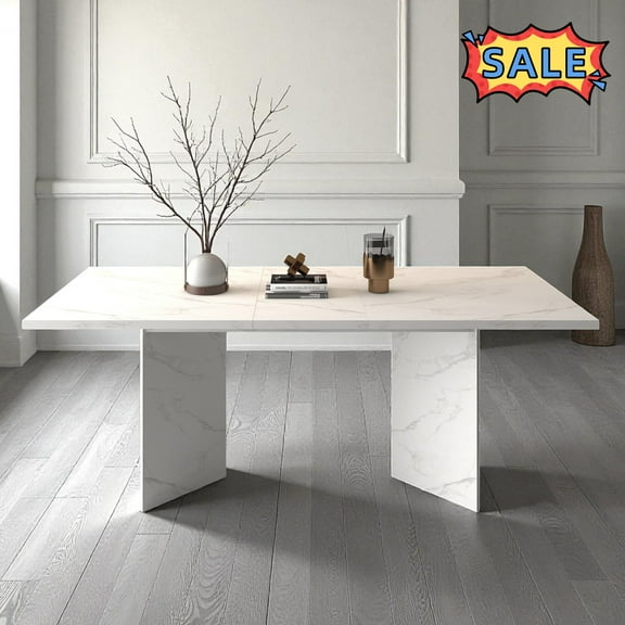 Tcbosik 63" - 78.7" Extendable Dining Table with Faux Marble Top, Modern Kitchen Table for 6-10 Person, Accent Table for Living Room, White