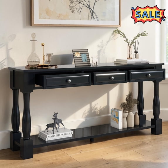 Tcbosik 63" Console Table with Open Shelf, Narrow Sofa Table with 3 Storage Drawers, Entryway Table for Living Room, Hallway, Foyer, Espresso