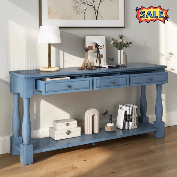 Tcbosik 63 Inch Long Console Table, Behind Couch Table with Open Shelf and 3 Storage Drawers, Narrow Foyer Table for Entryway, Hallway, Living Room, Navy