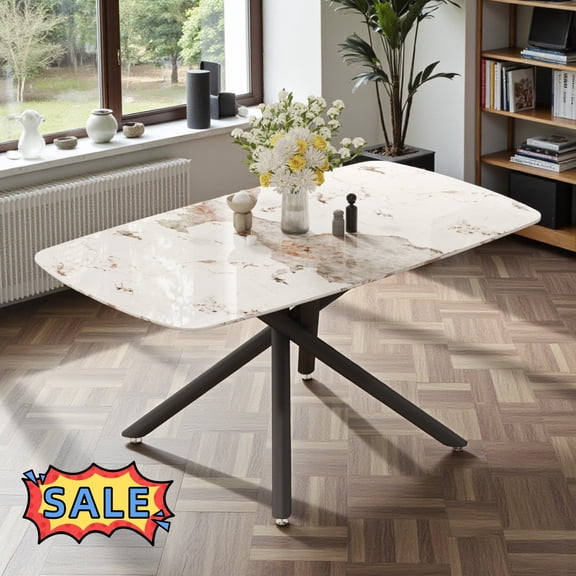 Tcbosik 63in Rectangle Dining Table with Faux Marble Glass Top, Kitchen Table for Home Office, White & Black