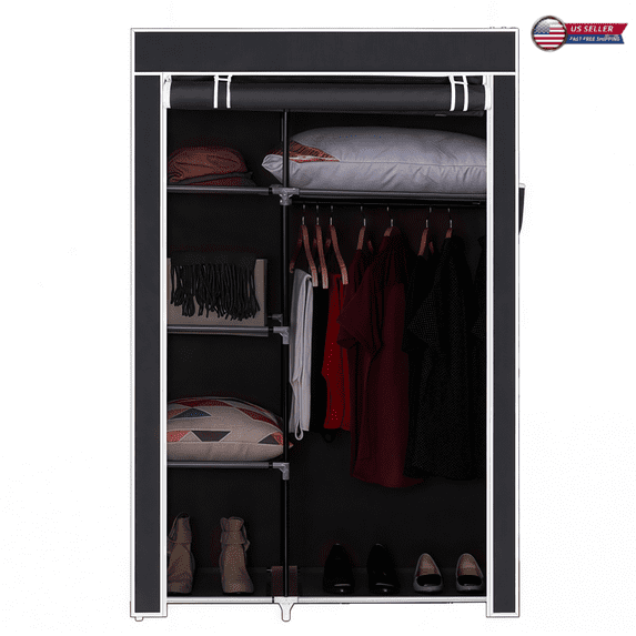 Tcbosik 64" Clothes Storage Organizer with Non-woven Fabric Cover, Portable Wardrobe with Metal Frame, 12-Compartment Storage Closet with Movable Hanging Rod and 6 Storage Shelves for Bedroom, Gray
