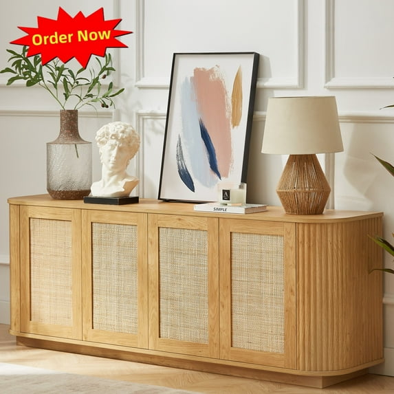 Tcbosik 64" Sideboard Buffet Cabinet, Rattan Storage Cabinet with 4 Doors, Cupboard with Adjustable Shelves, 24"H Farmhouse Coffee Bar Cabinet for Dining Room, Living Room, Entryway, Natural