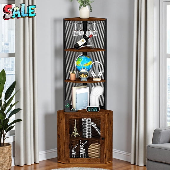 Tcbosik 65"H Corner Cabinet with Charging Station (2 AC Outlets, 2 USB Ports), Industrial Farmhouse 6-Tier Wood Display Bookcase with 1 Mesh Door, Adjustable Shelf & Wine Glass Holders, Rustic Brown