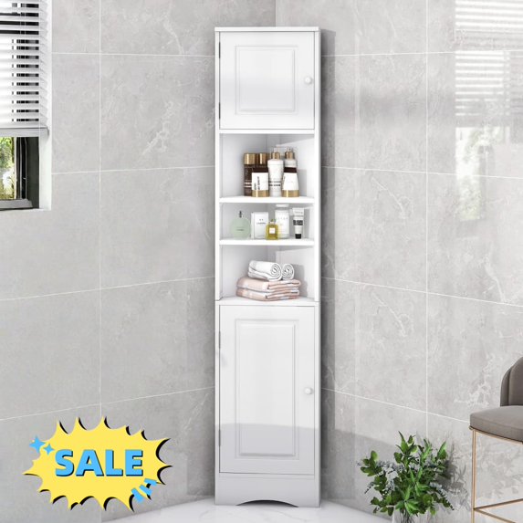 Tcbosik 66.9" Tall Corner Cabinet with 2 Doors, Farmhouse Storage Cabinet with Adjustable Shelves, Cupboard for Kitchen, Bathroom, Living Room, Space Saving, White
