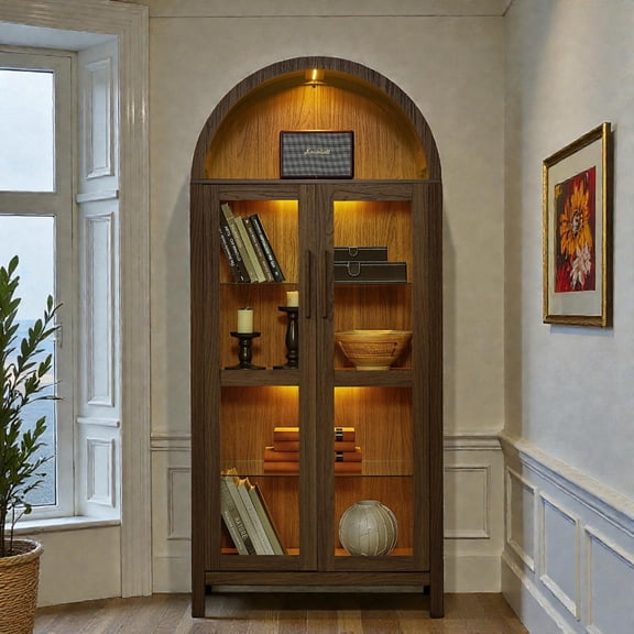 Tcbosik 67"H Arched Display Cabinet with LED Lights, 2 Glass Doors, Adjustable Glass Partitions, Retro Curved Top Storage Pantry for Living Room, Entryway, or Bedroom (Brown)