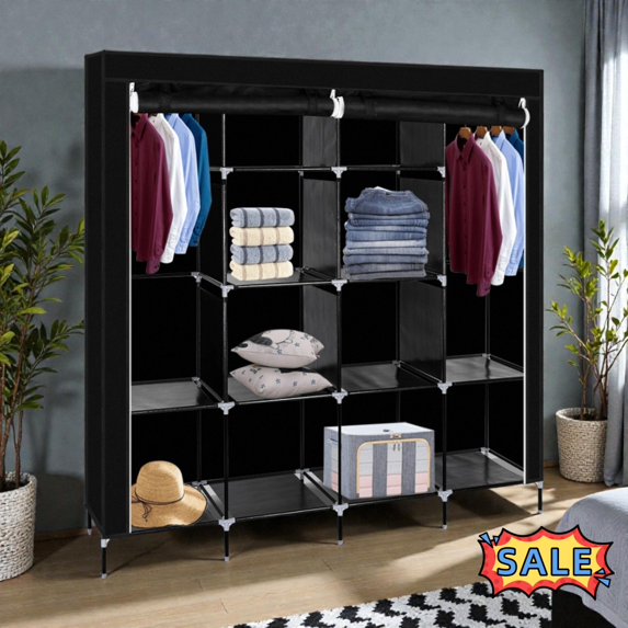 Tcbosik 67"H Portable Closet with Cover, Heavy Duty Clothing Rack with Side Pockets, Storage Shelves and Hanging Rods, Easy Assembly, Black