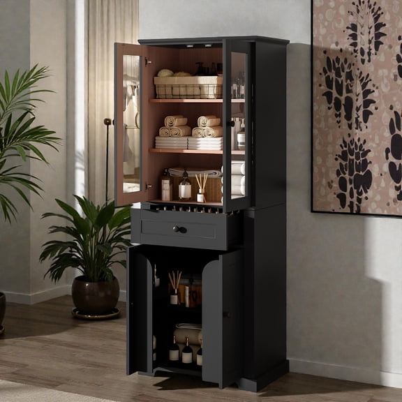 Tcbosik 67" Tall Bathroom Storage Cabinet with 4 Doors & Drawer, Tempered Glass Upper Doors, Soft-Close Hinges, Adjustable Shelves, Anti-Tip Safety, Modern White MDF Organizer fo Living Room, Bedroom