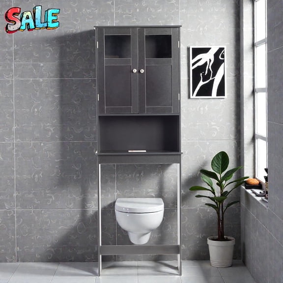 Tcbosik 67" Tall Bathroom Over Toilet Cabinet with Adjustable Shelf, 2-Door Enclosed Storage + Open Display Tier, Slim Space-Saving Bathroom Organizer. Black