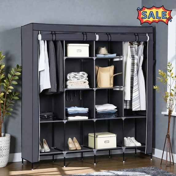 Tcbosik 67 inch Portable Closet, Freestanding Clothes Organizer with Non-Woven Fabric Cover, Heavy Duty Wardrobe with Side Pockets, Storage Shelves and Hanging Rods for Bedroom, Gray