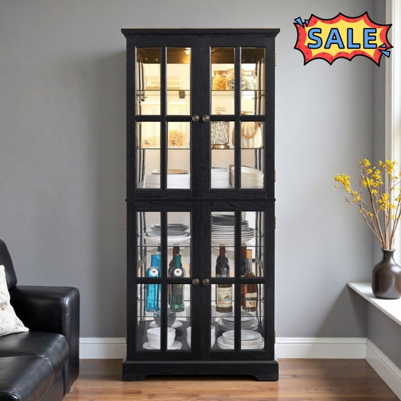 Tcbosik 68.7"H Glass Curio Display Cabinet with Light, 6-Tier Storage Cabinet with Adjustable Shelves, Accent Cabinet with Acrylic Back Pane for Home & Office, Black