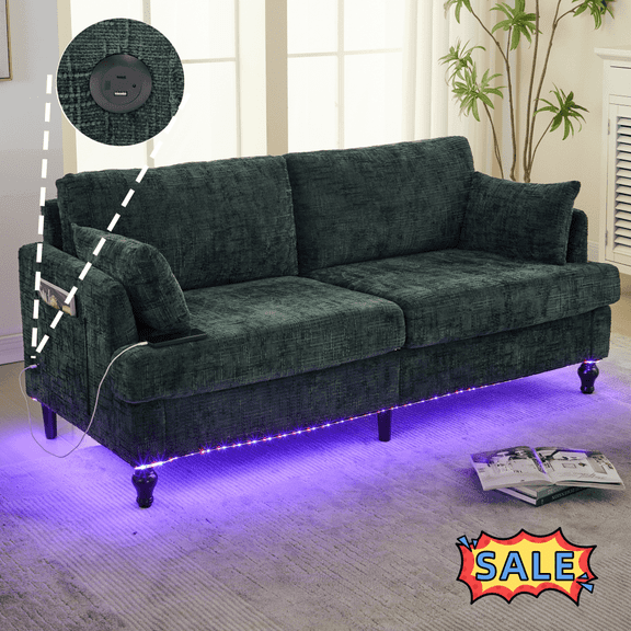 Tcbosik 68.9" Loveseat with LED Lights and USB Ports for Living Room, Modern Chenille Upholstered Couch with Side Pocket, 2-Seater Sofa with Wood Legs, Emerald