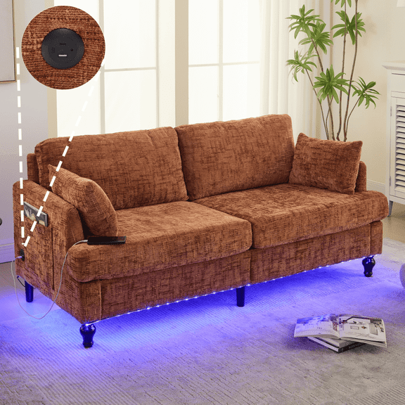 Tcbosik 68.9 inch Loveseat Sofa with USB Charging Port & LED Lights, Chenille Couch with Side Pocket for Small Space, Living Room, Bedroom, Orange
