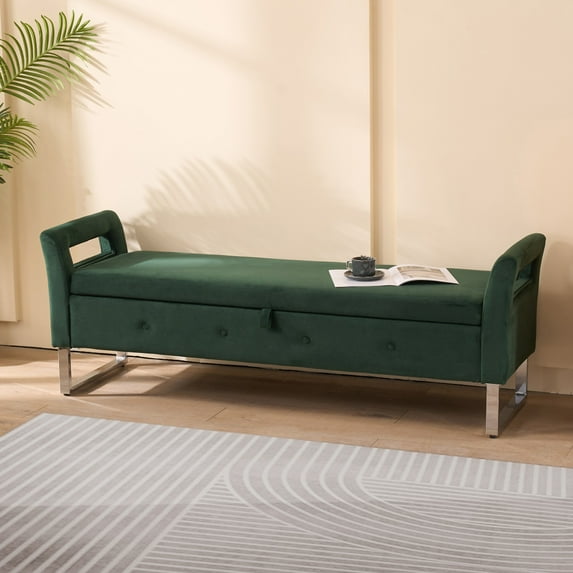 Tcbosik 68" End of Bed Bench with Storage for Bedroom, Velvet Upholstered Footrest, Ottoman for Hallway, Entryway, Living Room, Green