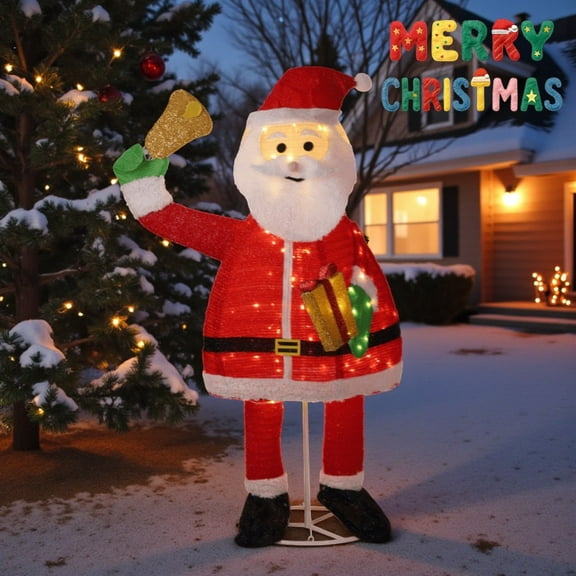 Tcbosik 6FT Pop-up Lighted Christmas Santa Claus Outdoor Decoration with 200 LED Lights, Pre-lit Santa Holding Bell & Present for Yard, Garden, Lawn, Red