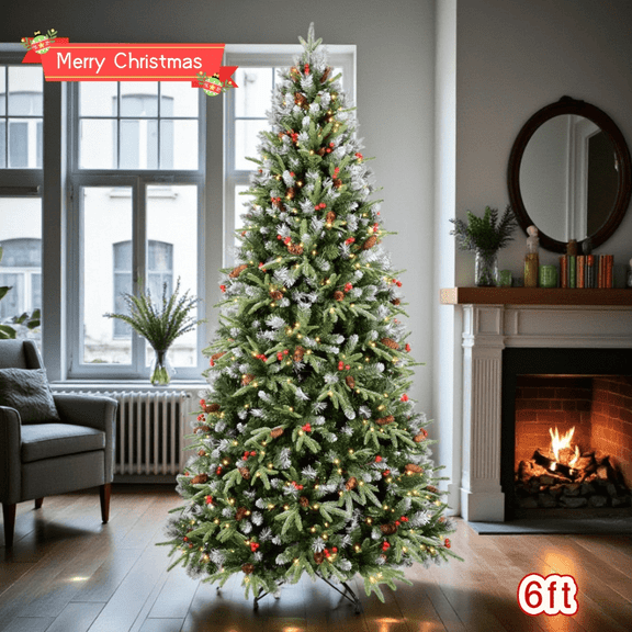 Tcbosik 6ft Artificial Christmas Tree with Warm White LED Lights, Artificial Xmas Tree with Red Berries, Pine Cones and 1593 Branch Tips, Indoor Holiday Decoration, Green & White