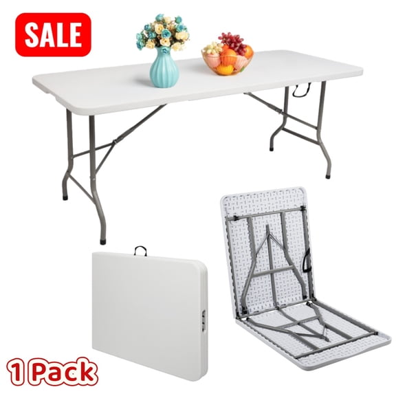 Tcbosik 6ft Folding Table, Indoor Outdoor Heavy Duty Portable Table with Handle for Picnic, Party, Off White