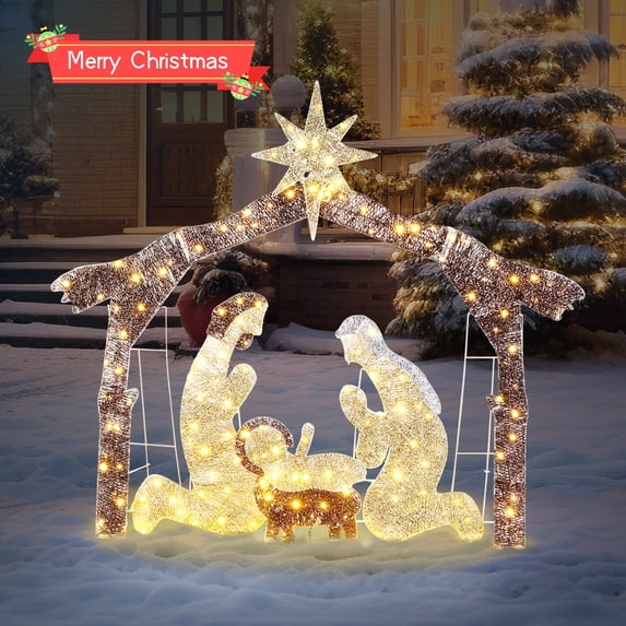 Tcbosik 6ft Lighted Outdoor Nativity Scene, Christmas Holy Family Yard Decoration with LED Lights for Indoor & Outdoor, Brown