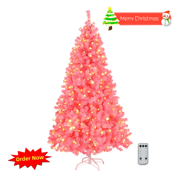 Tcbosik 6ft Pre-Lit Artificial Christmas Tree with 250 Lights, Xmas Tree with Remote Control and 900 Branch Tips, Holiday Décor for Home Office, Includes Stand, Pink