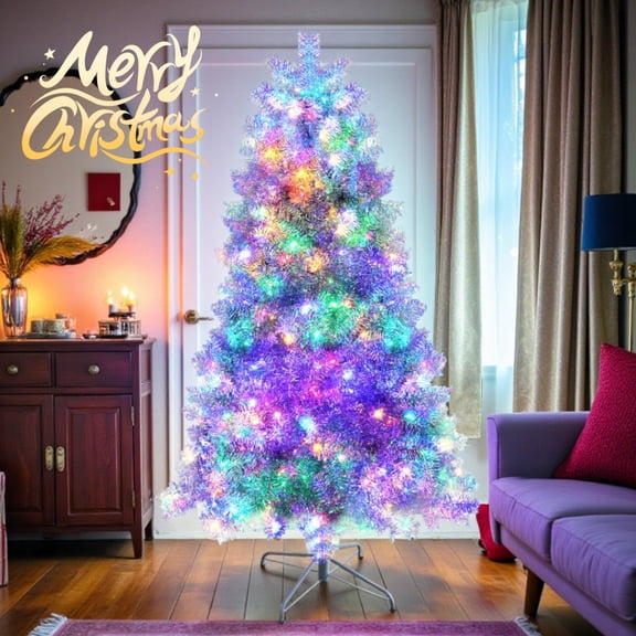 Tcbosik 6ft Pre-Lit Artificial Christmas Tree with 300 LED Lights, 11 Lighting Modes, Hinged Xmas Tree with 800 Branch Tips, Indoor Holiday Decoration, Silver