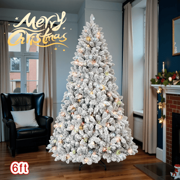 Tcbosik 6ft Pre-Lit Flocked Christmas Tree with 350 Colorful UL Lights, Artificial Xmas Tree with 36 Pine Cones and 888 PVC Branch Tips for Home Holiday Decoration, Green & White