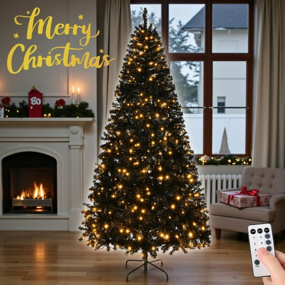 Tcbosik 6ft Pre-lit Artificial Christmas Pine Tree with 250 LED Lights, Xmas Tree Holiday Party Decoration with 900 Branch Tips, Remote Control and Metal Stand, Black